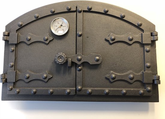 1 deur pizza oven + temp. meter, gietijzer onbehandeld