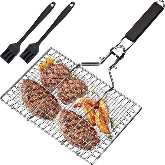 1 st. Visbraadmand, roestvrijstalen barbecuemand, opvouwbare, draagbare roestvrijstalen barbecuemand met Oxford-tas en 2 siliconenborstels van Merkloos