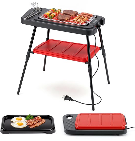 2 in 1 Elektrogrill 2000W Staande Grill met Dubbele Grillplaten & Hoogteverstelbare Standaard
