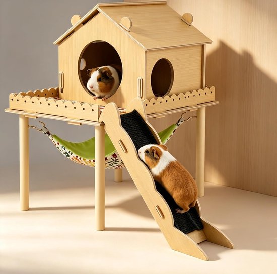 3-in-1 cavia-huis van hout, hamsterhuis met platform en trap, schuilplaats met hellingen, cavia-accessoires, konijnenhuis voor kleine dieren, schuilplaats voor knaagdieren