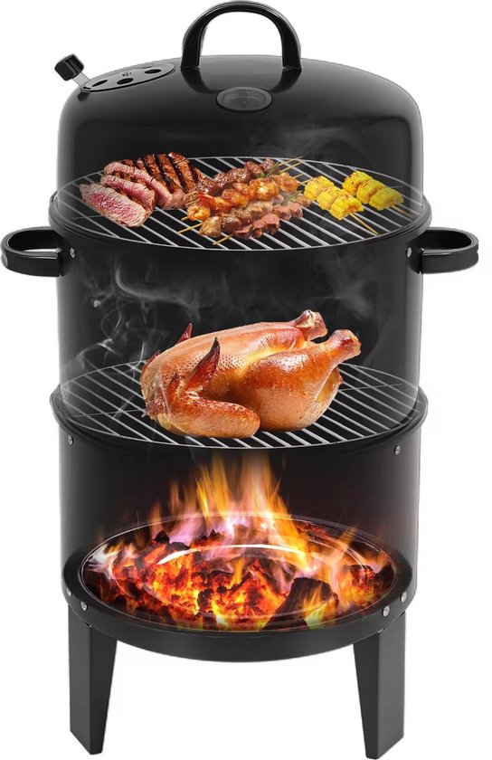 3-in-1 Houtskool BBQ Smoker 40 cm – Rookoven, Barbecue & Stoomoven – Dubbele Grill – Thermometer – Zwart