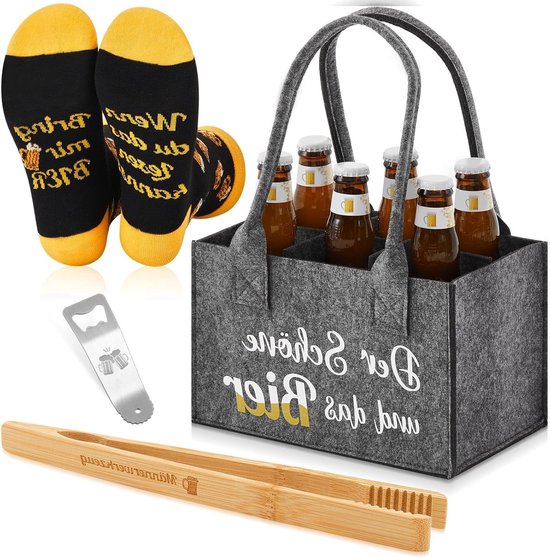 4-delige Bier Cadeauset voor Mannen met Flessen Tas, Grilltangen, Flessenopener en Grappige Sokken - Perfect voor Feestjes en Barbecues
