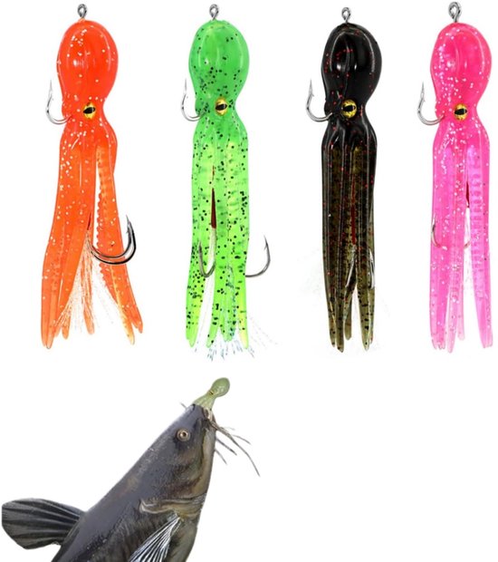 4 stuks - Octopus Soft Bait - Octopus Fishing Lure - Soft Fishing Lure Lead Head Hook Set - Zacht gesimuleerd inktvisvisaas - Met haak - Roze, Groen, Oranje, Zwart - 11 cm - Geschikt voor visliefhebbers, buiten van Merkloos