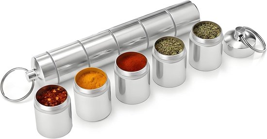 5-in-1 Mini Specerijen Set voor Kamperen - Waterdichte en Lichte Aluminium Potjes, Ideaal voor Buiten, BBQ, Picknick en Koken