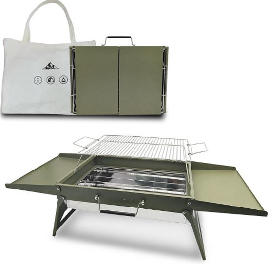 51 x 35 cm opvouwbare draagbare houtskoolgrill, kleine campinggrill voor 3-5 personen, BBQ grill voor buiten, geschikt voor tuinen, stranden, gazons en tafelbladen, Groen