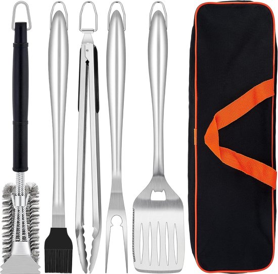 6-delige set roestvrij stalen barbecue-accessoires met draagtas - tang spatel vork grillborstel - set voor mannen - Kerstmis cadeau Barbecue van Kangaroo Deco