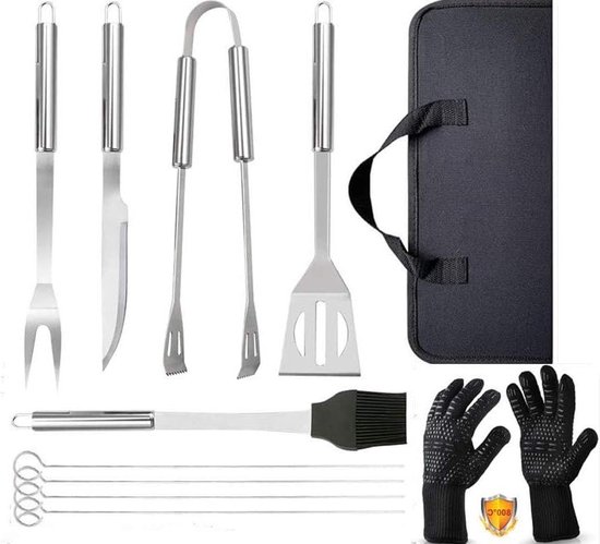 9-delige Roestvrijstalen BBQ Gereedschapset + Hittebestendige Barbecue Handschoenen - tot 800°C - Grill Kit Set met Draagtas - Voor Mannen Vrouwen Camping Grilling - Voor keuken, Barbecue, Open haard en Houtskool van Climazone