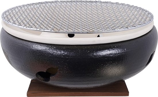 Aardewerk Konro Grill Met Net & Houten Onderstel 30x12cm van Yakiniku