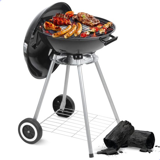 AG barbecue Ø 46 cm - Houtskoolbarbecues - Kogelbarbecue incl. Thermometer - temperatuur roestvrij - Ronde Barbecue - Incl. deksel en Wielen - traditionele bbq - 7 personen - Ventilatierooster voor zuurstofregulering -Zwart -
