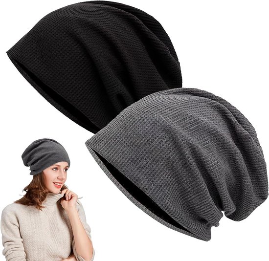 Allecto Plus - Dunne Slouch Beanie Mutsen 2 Stuks - Uniseks - Elastisch Gebreid - Zacht - Voor Dagelijks Gebruik en Outdooractiviteiten - Zwart Grijs van Allecto Plus