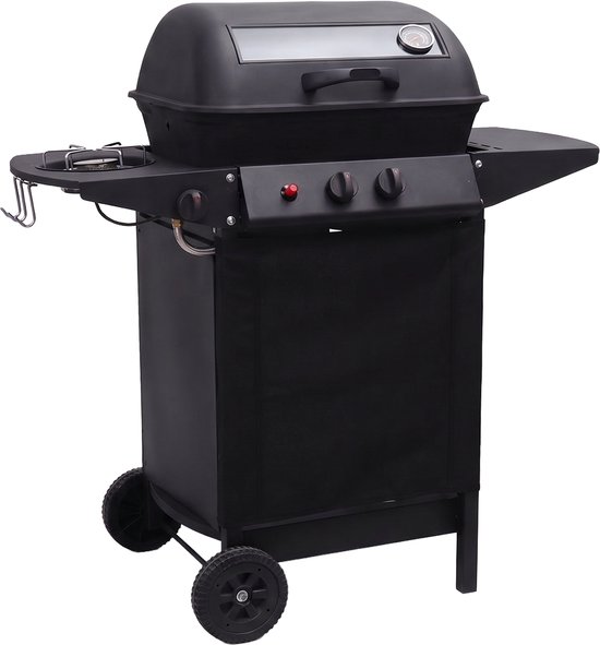 Alora Gasbarbecue - 2 RVS Hoofdbranders & Zijbrander - Geïntegreerde Thermometer, Kijkvenster, Vetopvangbak & Zijtafel - BBQ op Wielen - Zwart
