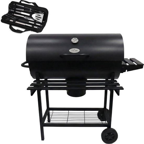 Alora Houtskool Barbecue - Inclusief Spatelset - Geïntegreerde Thermometer, Warmhoudrek, Asopvangbak & Zijtafel - BBQ op Wielen - met Deksel - Zwart van Merkloos