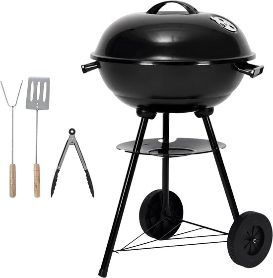 Alora Houtskool Kogelbarbecue - Inclusief 3-delige BBQ-gereedschapset - Met Deksel, Ventilatieregeling, Asopvangplaat & Wielen - Zwart