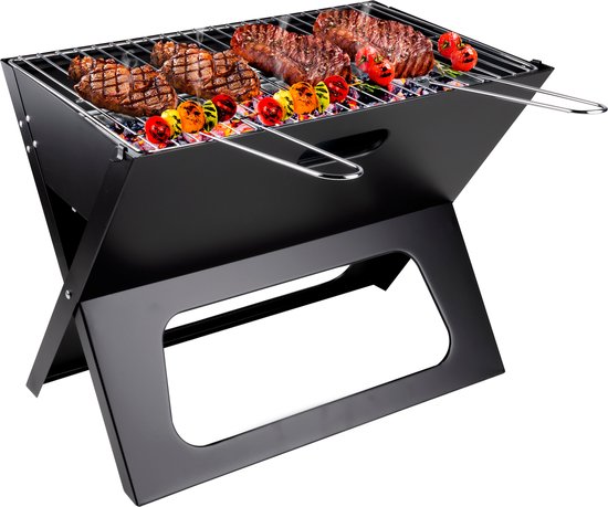 alpina Tafel BBQ Houtskool - Tafelgrill met Grillplaat en Deksel - Compacte Barbecue met Grillplaat - Tafelbarbecue Draagbaar - Ideaal voor Buiten - Zilver van Alpina