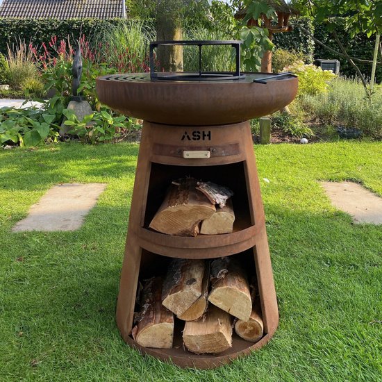 ASH - Cortenstaal - Buitenkoken - Plancha Bakken - Plancha BBQ - Buitenkeuken - Met houtopslag - Roest - Vuurschaal met kookopties van Merkloos
