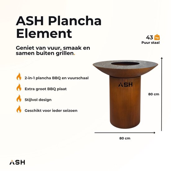 ASH - Element - Cortenstaal - Plancha barbecue en vuurplaats - Stijlvol design - Buitenkoken - Plancha BBQ - Roest