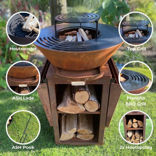 ASH - Phoenix - XXL - Cortenstaal - Plancha barbecue met grillring - Buitenkoken - Plancha BBQ - Plancha Bakken - Roest- Grillring - Extra groot van Merkloos