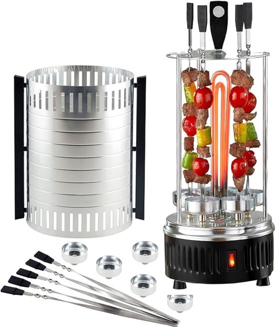 Aurixi® Kebab Grill – Verticale Grill Inclusief 5 Kebab Spiezen – Donorgrill Met Opvangbakjes – Shoarmagrill - Kebabgrill - Grill Apparaat Inclusief Aluminium Body – Zwart - 25cm x 25cm x 50cm van Merkloos
