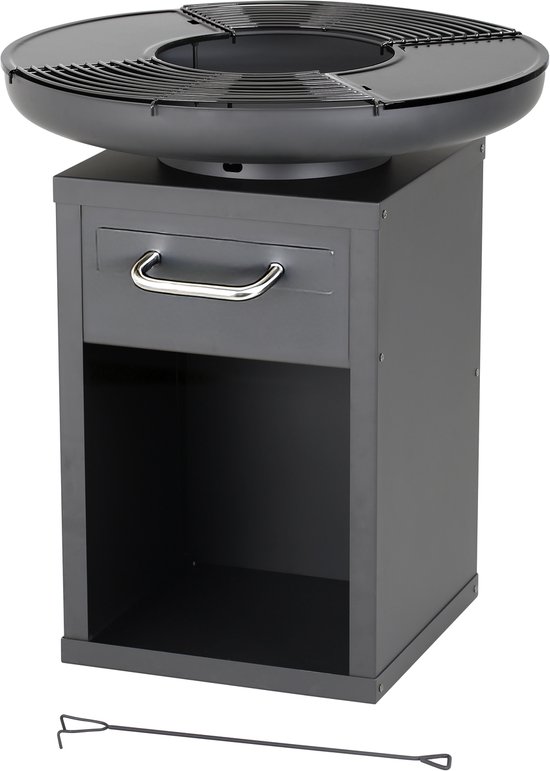 Bali OUTDOORS 3-in-1 Grillring BBQ en Plancha Grill en Vuurkorf– Staand Vuurschaal BBQ met Brandhout Opslagplaats - Houtskoolbarbecue – Buitenkeuken – Ø 80x H92cm van Merkloos