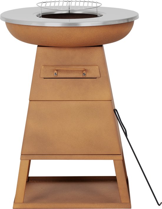 Bali OUTDOORS 3-in-1 Grillring BBQ en Plancha Grill en Vuurkorf– Staand Vuurschaal BBQ met Brandhout Opslagplaats - RVS ronde Teppanyaki Bakplaat - Houtskoolbarbecue – Buitenkeuken – Metaal – Roestbruin – Ø 58.5x H83cm van Bali OUTDOORS