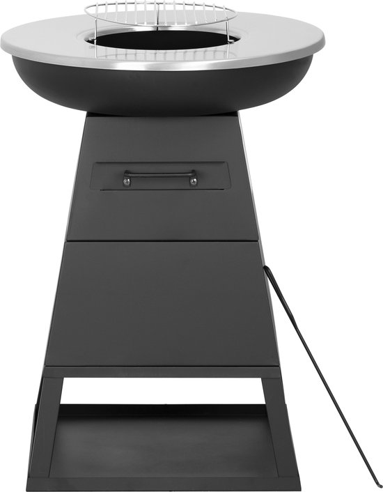 Bali OUTDOORS 3-in-1 Grillring BBQ en Plancha Grill en Vuurkorf– Staand Vuurschaal BBQ met Brandhout Opslagplaats - RVS ronde Teppanyaki Bakplaat - Houtskoolbarbecue – Buitenkeuken – Metaal – Zwart – Ø 58.5x H83cm van Bali OUTDOORS