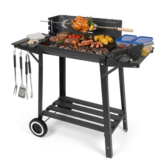 Barbecue Houtskool met Draaispit - Smoker BBQ met Warmhoudrek - Verstelbaar Kolenrooster - 49x29 cm Grilloppervlak - Zijplanken - Zwart