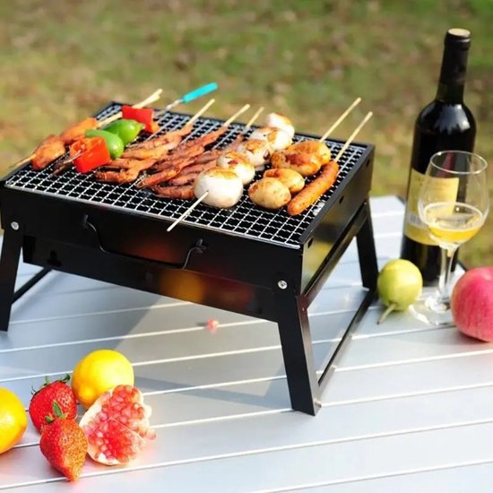Barbecue Houtskool - Opvouwbare BBQ - Compact - Inklapbare Grill Met Rooster - Camping - Tafel - Strand - Zomer - Picknick - Rechthoekig - Roestvrij Staal - Zwart - 35x27x20 cm van Perel