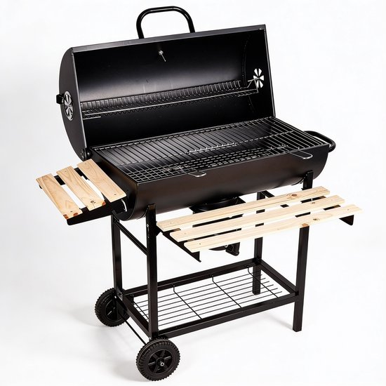 Barbecue Houtskool Wagenmodel Met Groot Grillrooster 75x39 cm – BBQ Met Ingebouwde Thermometer & Hittebestendige Chroomkleur – Houtskool Grill Met 2 Inklapbare Zijplanken & Wielen | Geschikt Voor 8-10 Personen van Merkloos