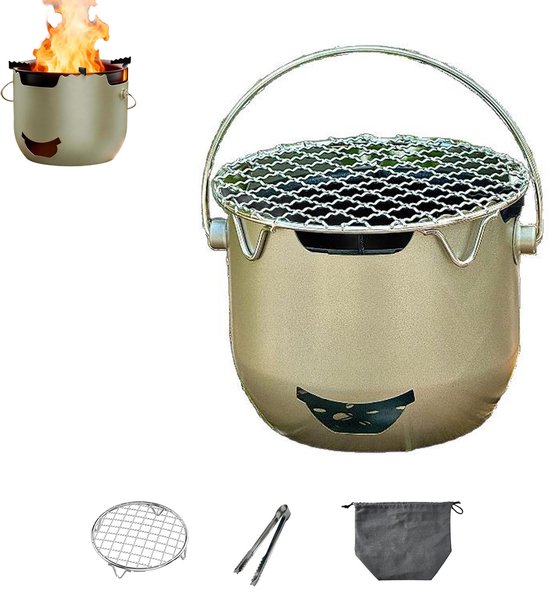 Barbecue - Kampeerkachel - Mini barbecuekachel - Buitenkooktoestel - Houtskoolkachel - Draagbaar ontwerp - Met handgreep - RVS - 16.8×13.8×12 Cm - Geschikt voor kamperen, picknick, buitenbarbecue, wandeltochten, tuinactiviteiten - Donkergroen