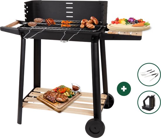 Barbecue van Rlek Online - 4x GRATIS BBQ Accessoires - BBQ - Zwarte Barbecue op Wieltjes - HOUTSKOOL BBQ