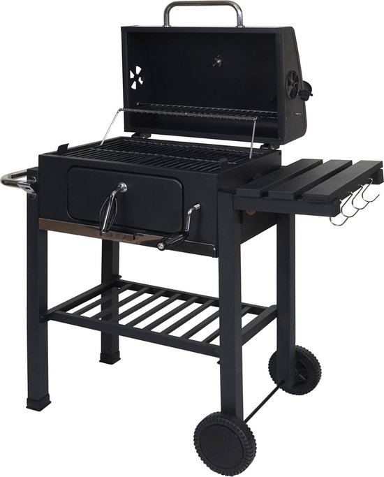 Barbecuetrolley MCW-K93, houtskool barbecue staander BBQ tuinbarbecue met deksel planken, staal, 110x100x51cm zwart van MCW