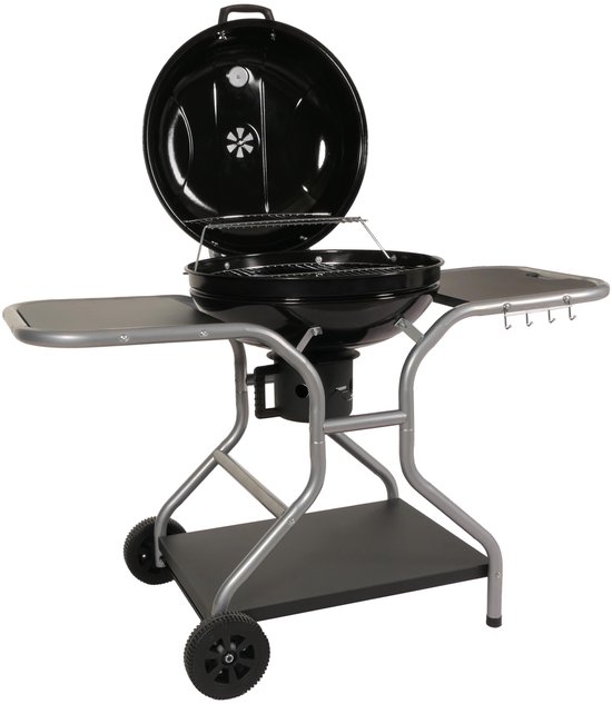 Barbecuetrolley MCW-N16, houtskool barbecue ketel barbecue tuinbarbecue met deksel drie schappen, staal email 143x131x66cm zwart van Mayer Barbecue