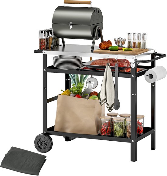Barbecuewagen met stalen blad en verstelbare plank, wielen en haken, 100x52x80 cm, zwart van Merkloos