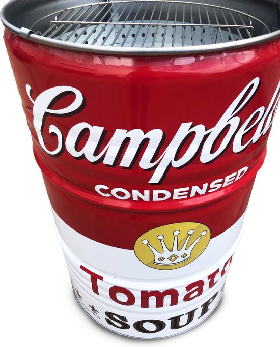 Barrelkings multifunctioneel houtskool barbecue-vuurkorf en statafel in 1 Special Edition Campbell's Soup Design van Barrelkings