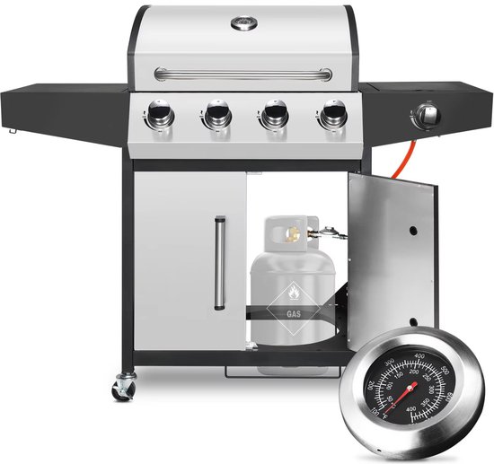 BBQ 5 in 1 - Barbecue op gas - Zilver - Thermostaat - Olievanger accessoires - Gasgrill met zijbrander