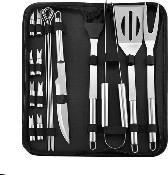 BBQ Accessoires Set 18-delig – Luxe RVS Barbecue Gereedschap met Draagtas -Barbecue Accessoires - Complete Grill Set met Spatel, Vleesmes, Vleesvork, Spiesen & Maïshouders van Merkloos