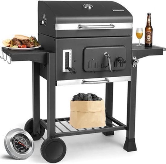 BBQ - BBQ Houtskool - Barbecue - Smoker - met Deksel, Verstelbaar Rooster en Geïntegreerde Thermometer – Draagbare Buitenbarbecue – Grote - Zwart
