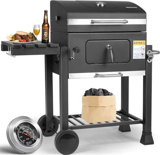 BBQ - BBQ Houtskool - Grill Trolley - Barbecue - op Wielen - 116x55,7x100 cm - XXL Houtskoolwagen - Zware Uitvoering – Met Opener, Uittrekbare Aslade, Planken en Haken – Zwart van Merkloos