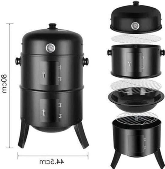 BBQ - BBQ Houtskool - Smoker - 3-in-1 - Ø45cm - Verticale - Barbecue - met Thermometer, Deksel en 2 Roestvrijstalen Roosters – Klassiek Model voor Buiten - Rookoven - Ronde