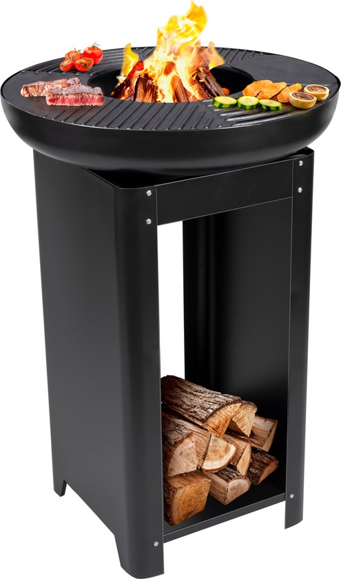 BBQ Collection 3-in-1 Vuurkorf en Grillplaat - Tuinhaard 61 x 90 cm - met Teppanyaki Bakplaat - Plancha BBQ met Brandhout Opslagplaats - Vuurkorf voor Buiten - Metaal van BBQ Collection