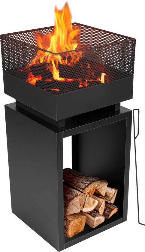 BBQ Collection Vuurkorf met Vonkenscherm - Tuinhaard 39 x 39 x 85 cm - Buitenhaard met Pook en Brandhout Opslag - Houtkachel voor Tuin en Terras - Buitenkachel voor Hout - Carbon Staal van BBQ Collection