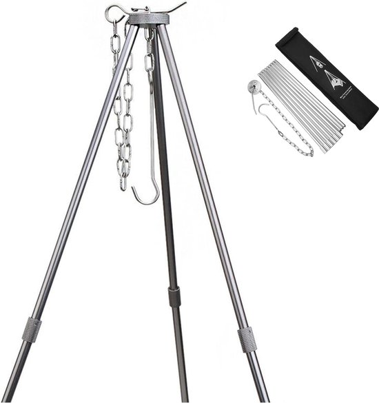BBQ driepoot frame, driepoot, telescopisch frame, grillstandaard, koken in de open lucht, statief, inklapbaar, kampvuur, grillrooster, standaard, camping, statief met ketting en haak van Livin'outdoor