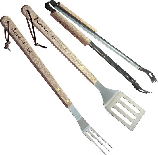 BBQ gereedschapset met bbq tang, bbq spatel en vleesvork van rvs en hout Barbecue van Vaggan