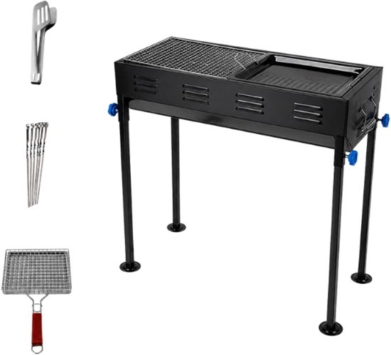 BBQ Grill 66,5 x 30,5 cm – Complete Japanse Barbecue Set met Tang, 6 Spiesen en Grillrooster – Houtskool BBQ voor Tuin, Terras en Camping