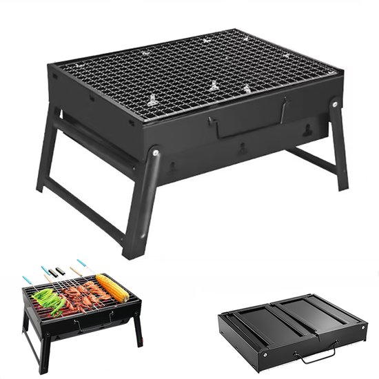 BBQ-grill - Houtskoolbarbecue - Draagbare BBQ-grill - Opvouwbare BBQ-grill - Buitenbarbecue - Houtskoolrek met lade - 43x22x29cm - Geschikt voor 3-5 personen - Met handvat - Geschikt voor picknicks, tuinen, terrassen, kamperen en reizen - Zwart van Merkloos