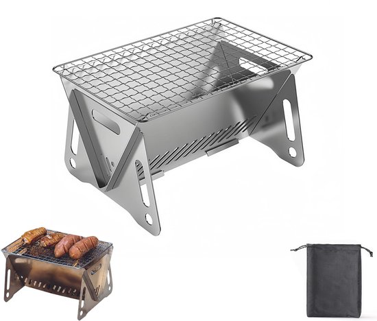 BBQ-grill - Roestvrijstalen BBQ-grill - Houtskool BBQ-grill - Mini BBQ-grill - Buiten BBQ-grill - Draagbaar - Opvouwbaar - Inclusief opbergtas - 27*16*13 cm - Geschikt voor kamperen, terrassen, buiten, enz. - Zilver