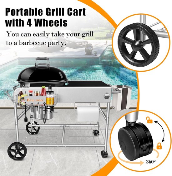 BBQ Grillwagen voor Kogelbarbecue met Werktafel en Wielen - House&Garden Premium Grill Trolley voor 47 cm & 57 cm Houtskool BBQ - Buitenkeuken met Dekselhouder, Opbergrek, Gereedschapshaken & Accessoirehouder