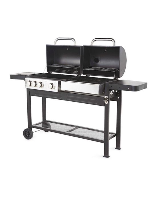 BBQ Master DUO Barbecue Houtskool én Gas! - Grilloppervlak (LxB) 105 x 74 cm - Warmhoudplaat - Kookplaat - Met Wielen - Zwart Design van Merkloos