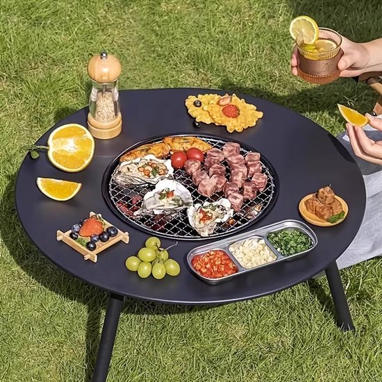 BBQ Picknicktafel met Grill – Rond Draagbaar Barbecue Tafel 58x46 cm