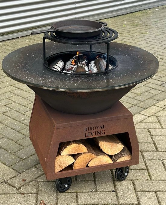 BBQ Plancha Grill Brasero Vuurschaal Cortenstaal met grote wielen, houtopslag en bakplaat Ø80cm Vuurkorf Tuinhaard van Merkloos